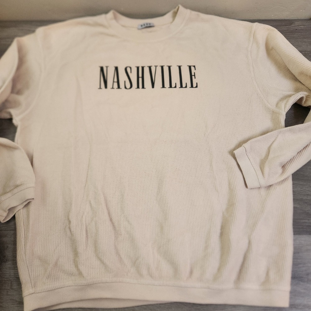 Vintage NASH Nashville Corded Sweatshirt Size L/XL Cream Ribbed‎ Pullover Unisex